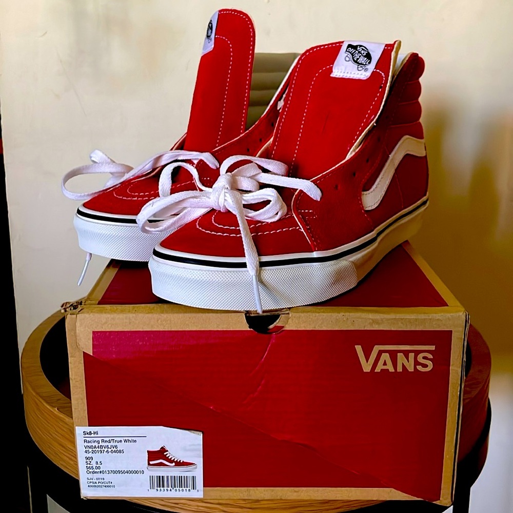 Vans Red and White High-Top Sneakers